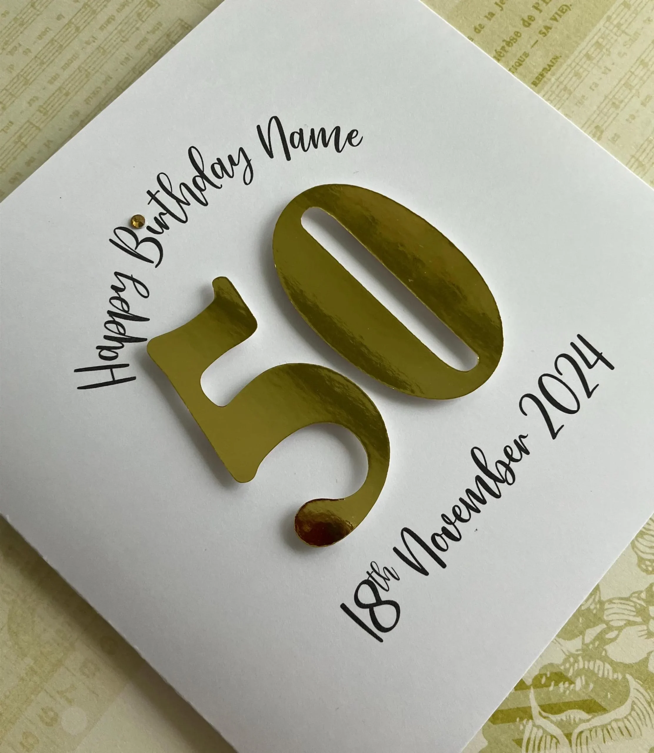 50th Die Cut Number Personalised Birthday Card - with Diamanté Accents