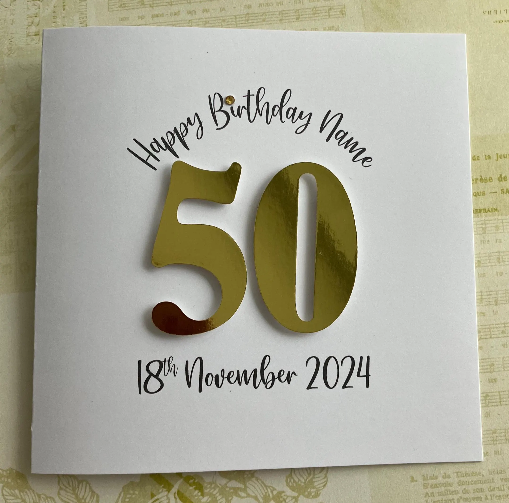 50th Die Cut Number Personalised Birthday Card - with Diamanté Accents - Image 3