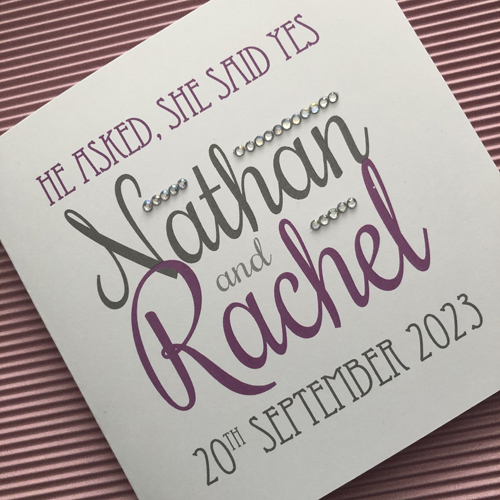 Engagement Congratulations Card Diamanté Personalised with Names and Date