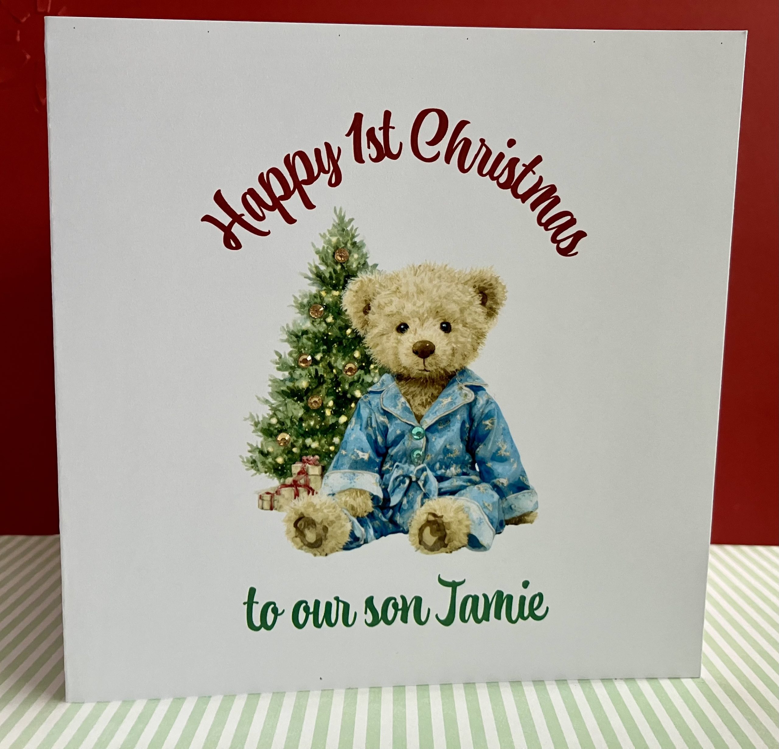 Happy First Christmas (Boy) Teddy Handcrafted Personalised Card - Image 3
