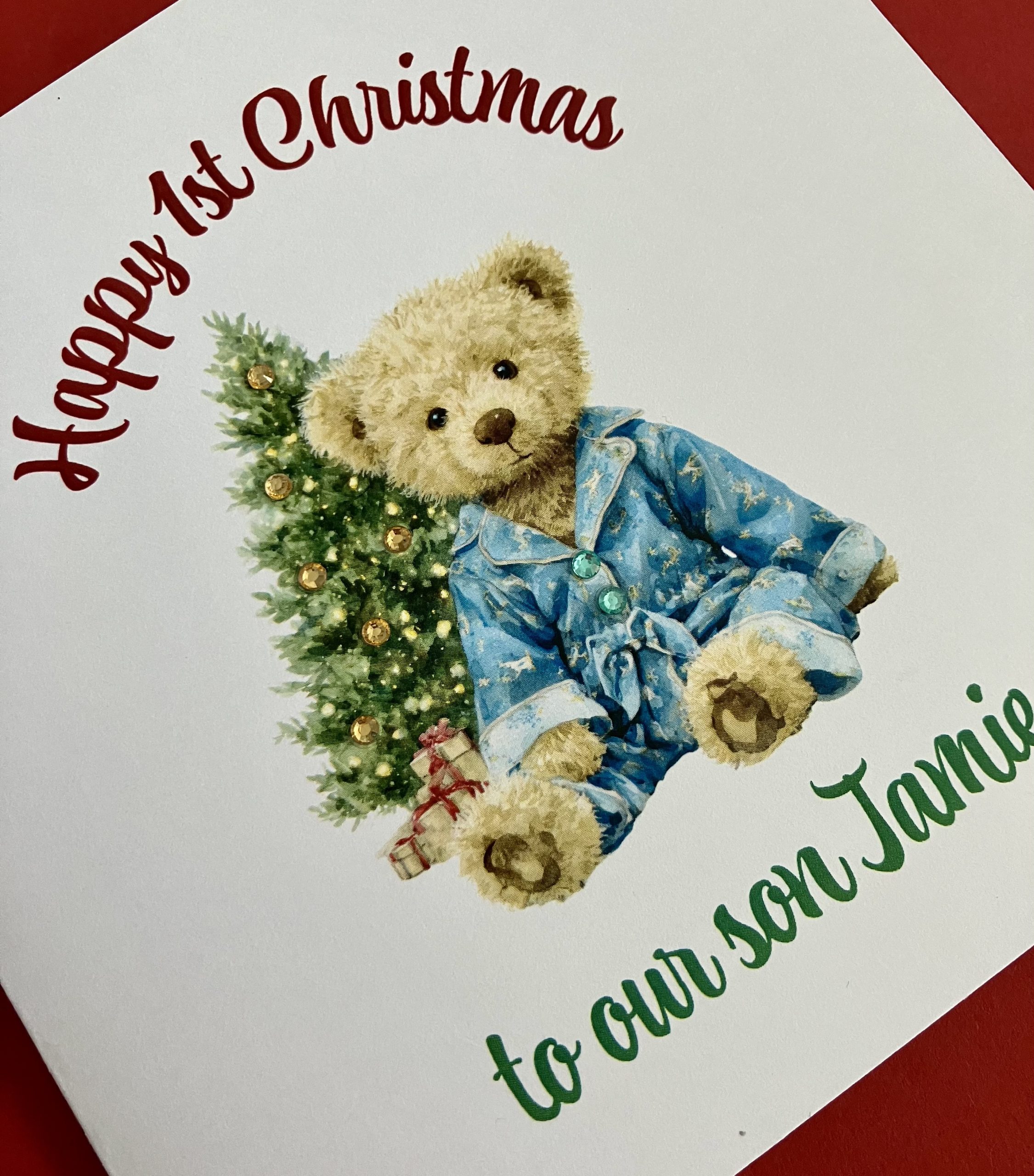 Happy First Christmas (Boy) Teddy Handcrafted Personalised Card