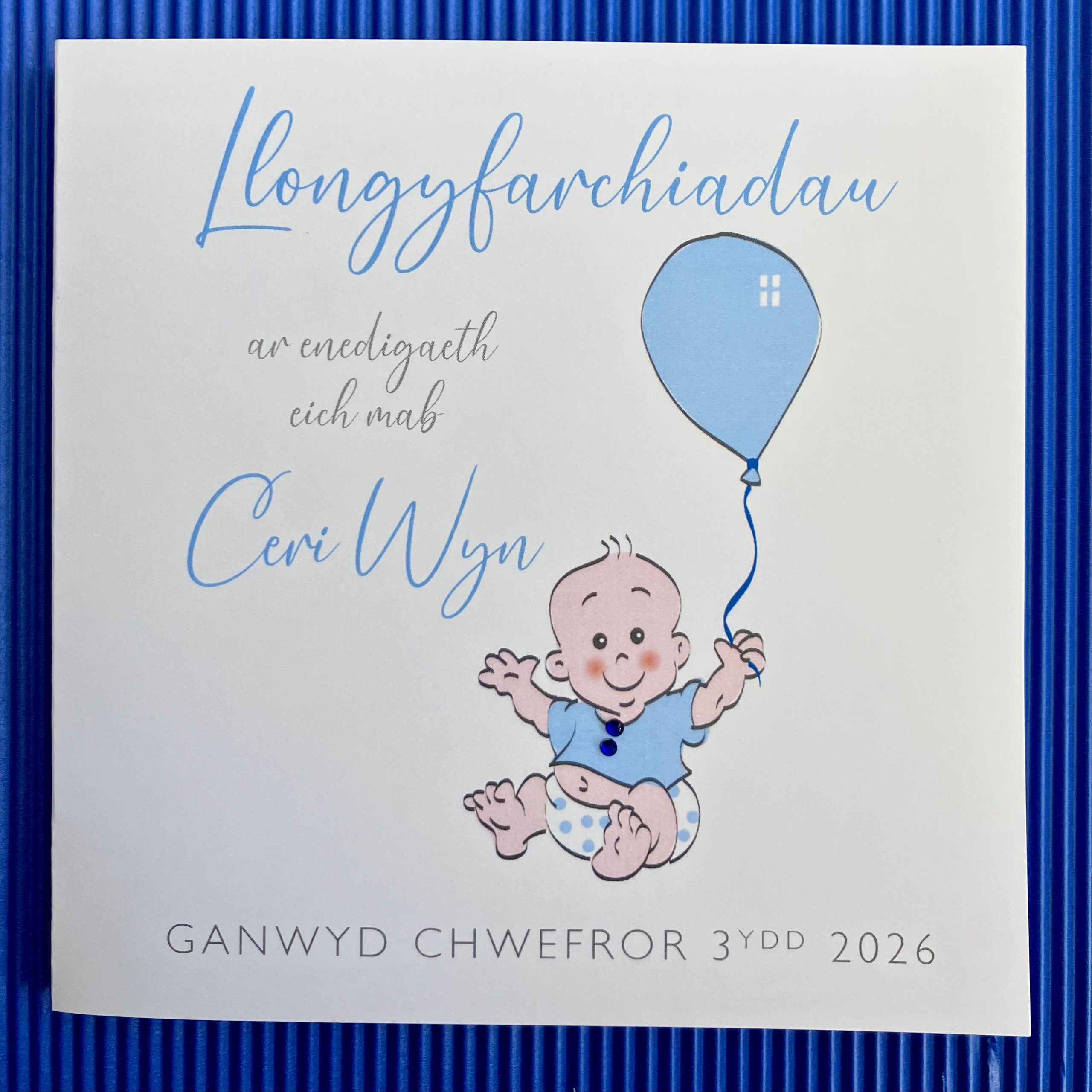 Cerdyn Llongyfarchiadau Babi Newydd – New Baby Congratulations card – personalised