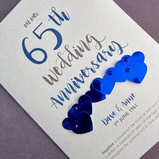 personalised 65th sapphire anniversary card embellished with metallic hearts and blue diamante gems