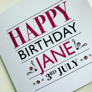 Typographic birthday card personalised with name and date - choice of colour
